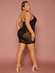 SHEIN SXY 大尺碼連身衣插入對比網格連體短身裝 - 黑色 - 查看 6