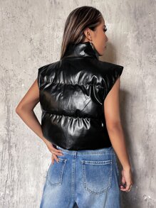 SHEIN ICON Drawstring Hem PU Vest Padded Coat - Black - View 2