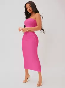 SHEIN SXY Textured Crop Tube Top & Pencil Skirt Set - Pink - View 1