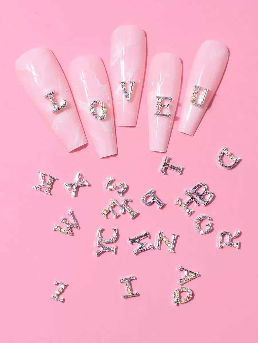 26 chiếc trang trí móng tay nghệ thuật thiết kế chữ 3D DIY Phụ kiện trang trí móng tay Đá quý trang trí móng tay - Bạc - Xem 1