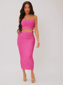 SHEIN SXY Textured Crop Tube Top & Pencil Skirt Set - Pink - View 4
