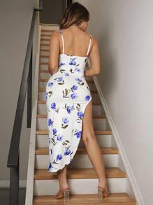 SHEIN SXY Floral Print Ruched Drawstring Split Thigh Tropical Dress - Blue - View 2