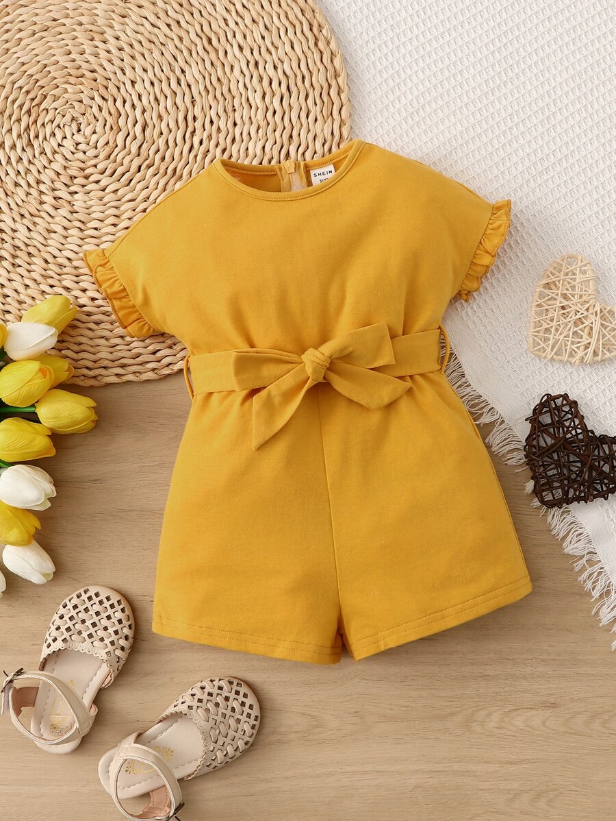 SHEIN Đứa bé gái Lá sen tỉa Thắt lưng Romper - Màu vàng - Xem 1