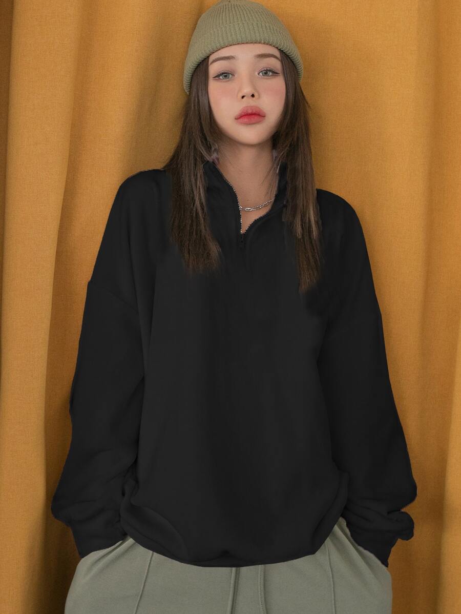 DAZY Half Zip Drop Shoulder Oversized Fleece Sweatshirt Winter - Black - View 1