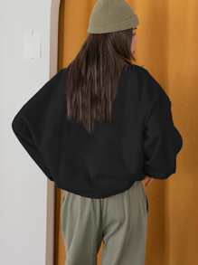 DAZY Half Zip Drop Shoulder Oversized Fleece Sweatshirt Winter - Black - View 2