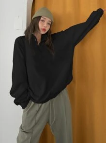 DAZY Half Zip Drop Shoulder Oversized Fleece Sweatshirt Winter - Black - View 3