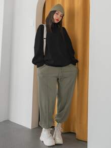 DAZY Half Zip Drop Shoulder Oversized Fleece Sweatshirt Winter - Black - View 4