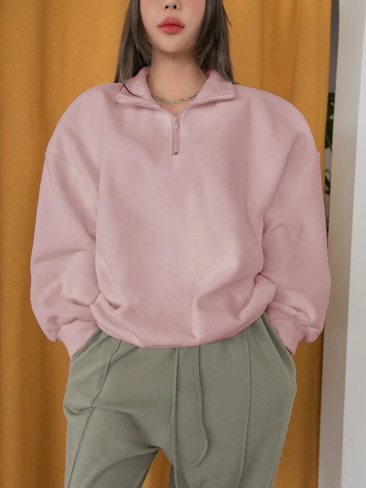 Half Zip Drop Shoulder Oversized Fleece Sweatshirt