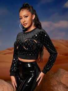 SHEIN SXY Argyle Pattern Contrast Sequin Velvet Crop Pullover - Black - View 1