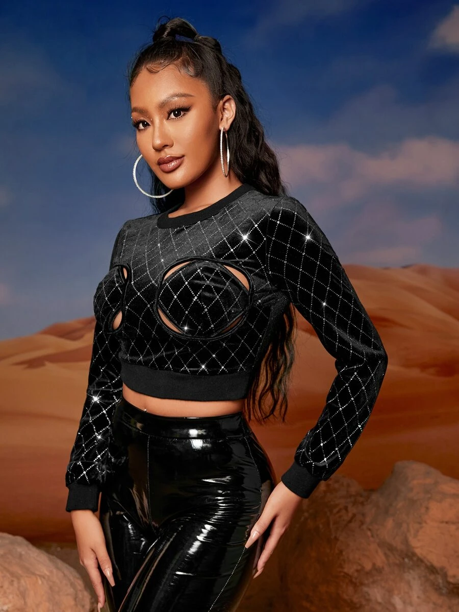 SHEIN SXY Argyle Pattern Contrast Sequin Velvet Crop Pullover - Black - View 1