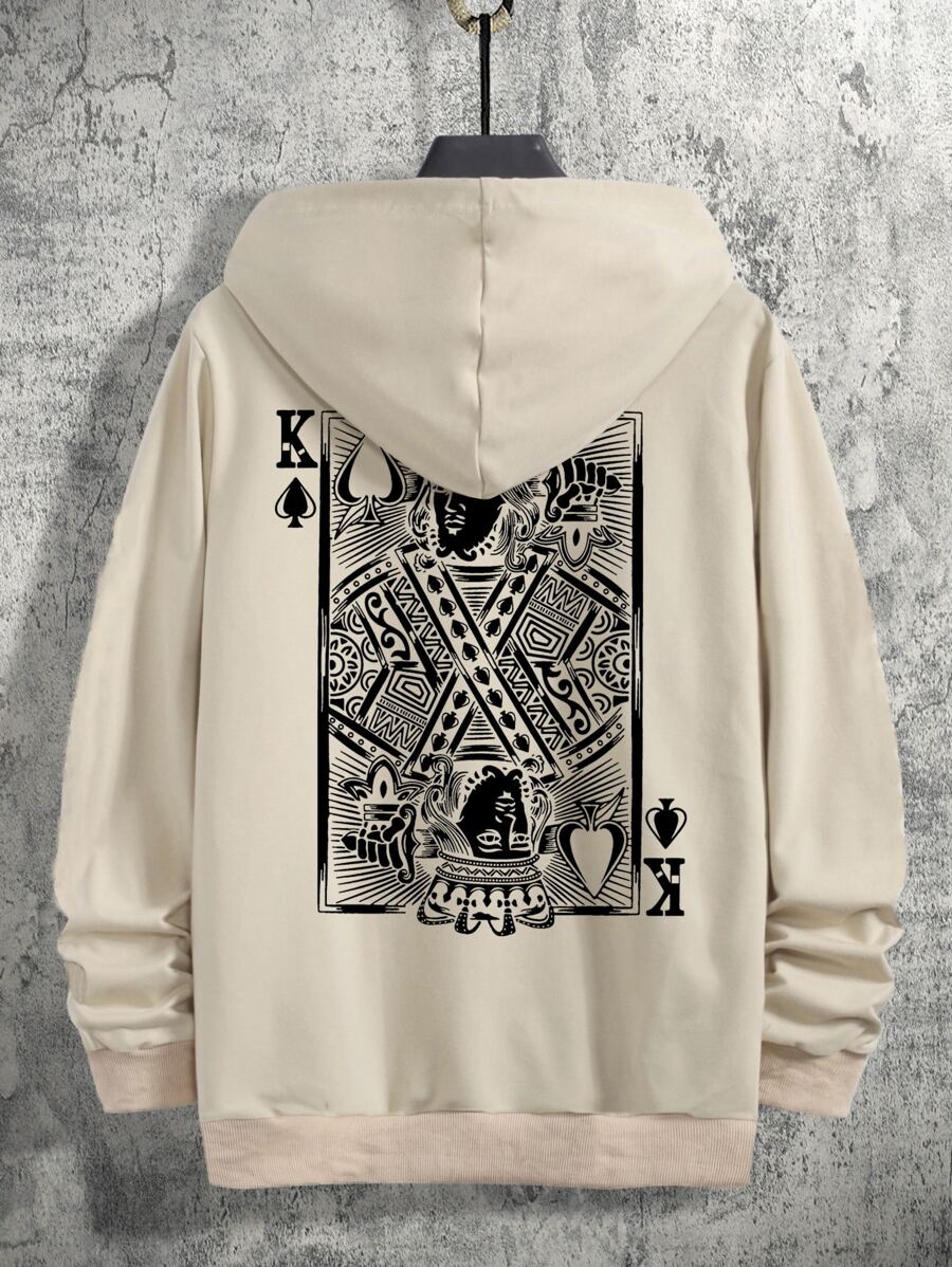 Manfinity 男士撲克牌圖案抽繩連帽衫 - 卡其色 - 查看 1