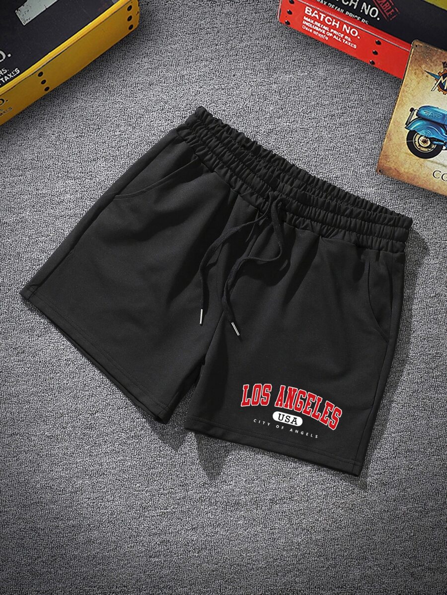 Manfinity Campus Court Aesthetic Post--Men Letter Graphic Drawstring Waist Shorts