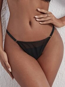 Conjunto De Lencería De Tanga De Encaje Con Decoración De Pedrería - Negro - Ver 4