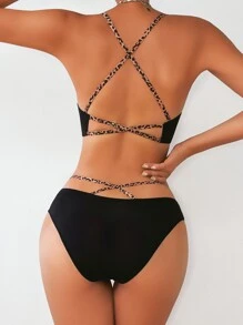Leopard Criss Cross Underwire Lingerie Set - Black - View 2