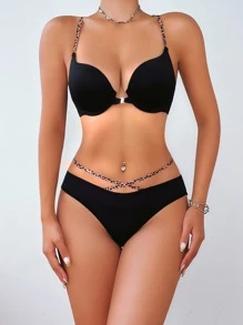 Leopard Criss Cross Underwire Lingerie Set - Black - View 3