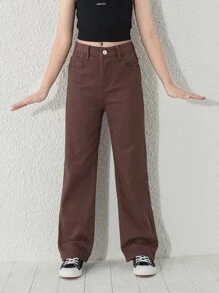 Girls Solid Straight Leg Jeans Without Chain - Coffee Brown - View 1