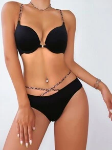 Leopard Criss Cross Underwire Lingerie Set - Black - View 4