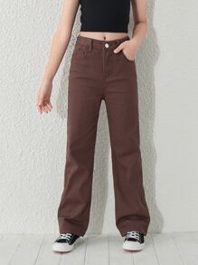 Girls Solid Straight Leg Jeans Without Chain - Coffee Brown - View 3