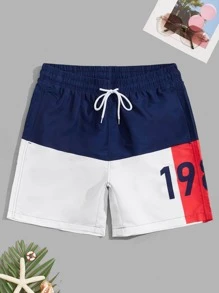 Surfspeed Quần short nam đi biển Dây kéo Túi Khối Màu Lá thư Kỳ nghỉ - Xanh và trắng - Xem 1