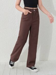 Girls Solid Straight Leg Jeans Without Chain - Coffee Brown - View 4