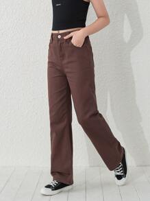 Girls Solid Straight Leg Jeans Without Chain - Coffee Brown - View 5