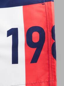 Surfspeed Quần short nam đi biển Dây kéo Túi Khối Màu Lá thư Kỳ nghỉ - Xanh và trắng - Xem 4