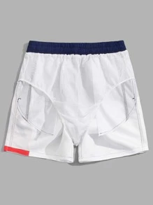 Surfspeed Quần short nam đi biển Dây kéo Túi Khối Màu Lá thư Kỳ nghỉ - Xanh và trắng - Xem 5