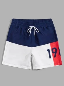 Surfspeed Quần short nam đi biển Dây kéo Túi Khối Màu Lá thư Kỳ nghỉ - Xanh và trắng - Xem 6