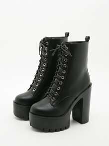 Minimalist Lace-up Front Platform Chunky Heeled Boots - Black - View 4