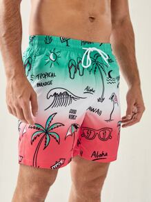 Manfinity KASUA 男士椰子樹和字母圖案漸層腰部抽繩泳褲 - 彩色 - 查看 3