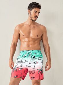Manfinity KASUA 男士椰子樹和字母圖案漸層腰部抽繩泳褲 - 彩色 - 查看 5