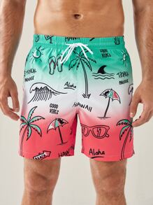 Manfinity KASUA 男士椰子樹和字母圖案漸層腰部抽繩泳褲 - 彩色 - 查看 6