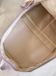 时尚字母贴片装饰背包，随机徽章装饰双色大容量书包带熊吊坠，适合大学生返校，防水旅行背包大容量书包美学背包学校背包，书包，书包，大背包，大容量，便携，经典休闲，轻便新手和白领工作者，适合青少年女孩、女士、大学生、男孩和男人，非常适合返校、开学第一天、大学、中学、高中、工作、商务、通勤、购物、度假 - 米色 - 查看 6