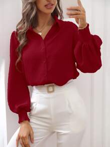 SHEIN LUNE Camisa de lunares con fruncido de manga farol - Burdeos - Ver 3