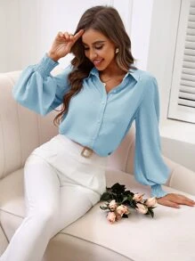 Chiquease Áo sơ mi nữ Dải chun Nút phía trước màu trơn Giải trí - Màu xanh nhạt - Xem 4