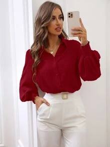 SHEIN LUNE Camisa de lunares con fruncido de manga farol - Burdeos - Ver 6