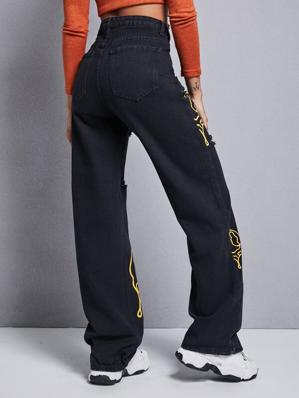 SHEIN Graphic Print Ripped Wide Leg Jeans SHEIN USA