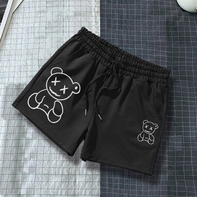 남성 곰 프린트 드로스트링 허리 반바지 패턴 그래픽 귀여운 친구들, 카툰 반바지