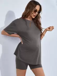 SHEIN Maternity Solid Drop Shoulder Tee & Cycling Shorts - Dark Grey - View 3