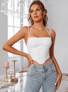 PARTHEA Ruched Bust Zipper Back Bandana Hem Mesh Cami Corset Top - White - View 1