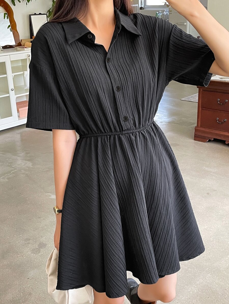 DAZY Drop Shoulder Button Front Shirt Dress - Black - View 1