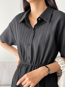 DAZY Drop Shoulder Button Front Shirt Dress - Black - View 3