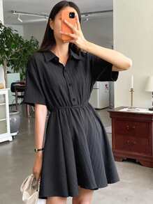 DAZY Drop Shoulder Button Front Shirt Dress - Black - View 5