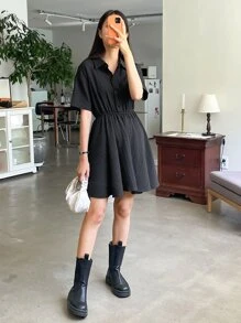 DAZY Drop Shoulder Button Front Shirt Dress - Black - View 6