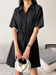 DAZY Drop Shoulder Button Front Shirt Dress - Black - View 8