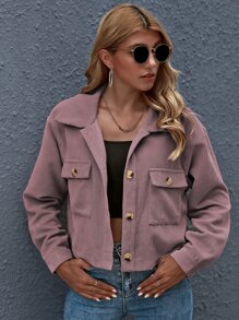 SHEIN Essnce Button Front Patch Pocket Crop Jacket - Dusty Pink - View 3