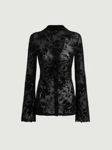 SHEIN MOD Áo sơ mi nữ Xù nhỏ cắt Nút phía trước màu trơn Thanh lịch - màu đen - Xem 1