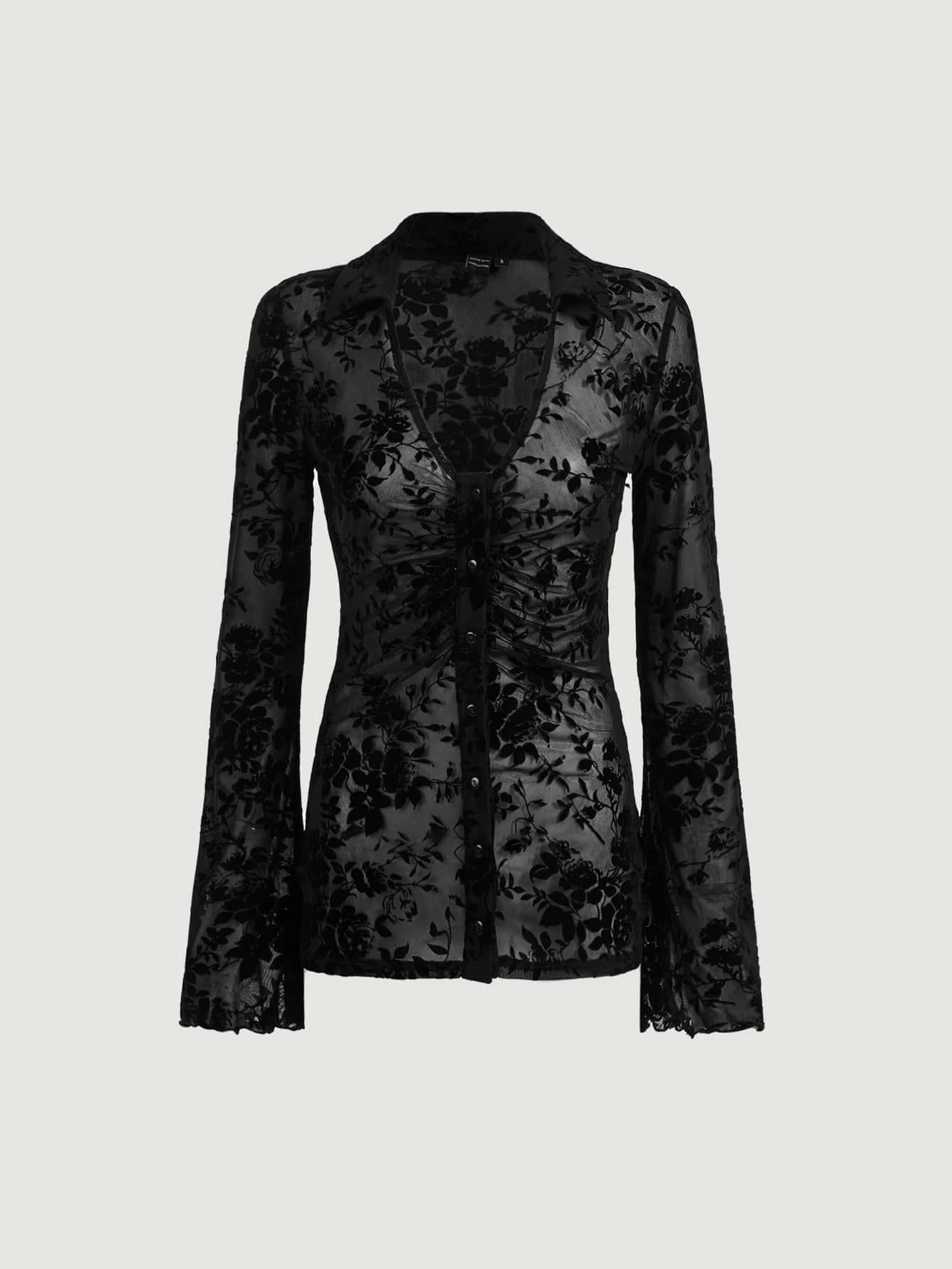 SHEIN MOD Áo sơ mi nữ Xù nhỏ cắt Nút phía trước màu trơn Thanh lịch - màu đen - Xem 1