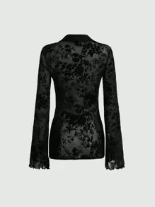 SHEIN MOD Áo sơ mi nữ Xù nhỏ cắt Nút phía trước màu trơn Thanh lịch - màu đen - Xem 9