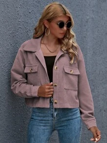 SHEIN Essnce Button Front Patch Pocket Crop Jacket - Dusty Pink - View 5